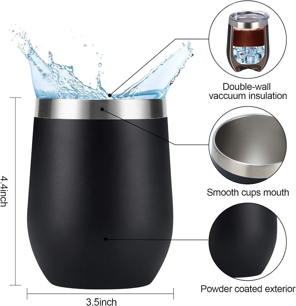 Set of 8 Insulated 12Oz Stainless Steel Wine Tumblers with Lids - Double Wall Stemless Wine Glasses for Coffee, Wine, Cocktails, and Champagne - Black
