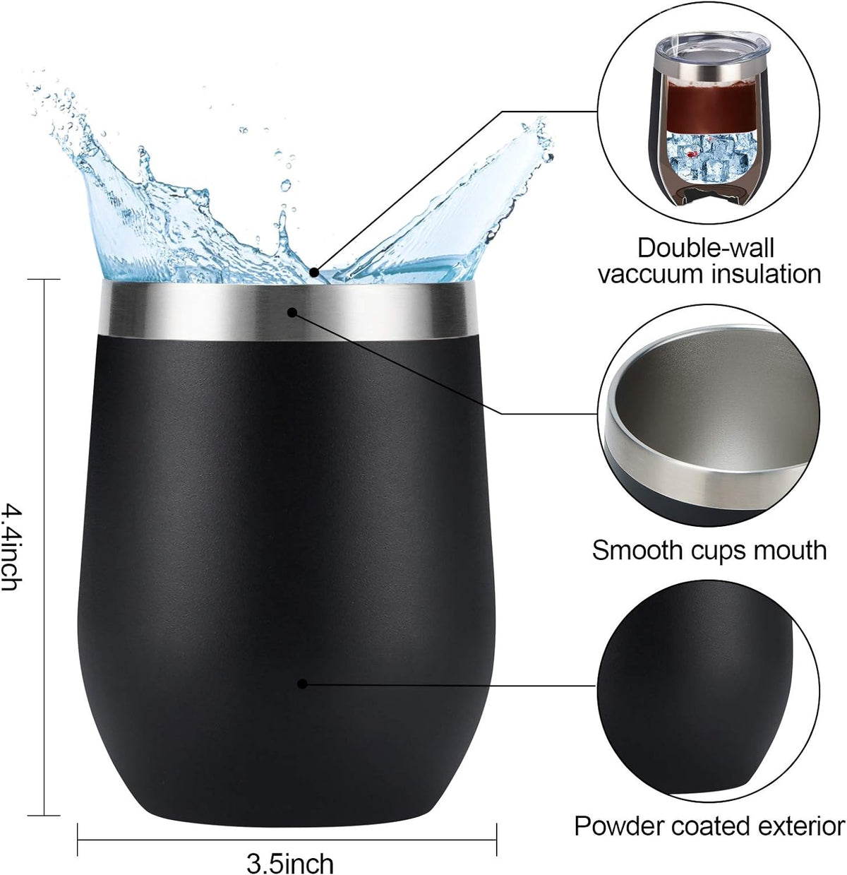 Set of 8 Insulated 12Oz Stainless Steel Wine Tumblers with Lids - Double Wall Stemless Wine Glasses for Coffee, Wine, Cocktails, and Champagne - Black