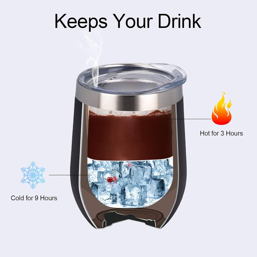 Set of 8 Insulated 12Oz Stainless Steel Wine Tumblers with Lids - Double Wall Stemless Wine Glasses for Coffee, Wine, Cocktails, and Champagne - Black