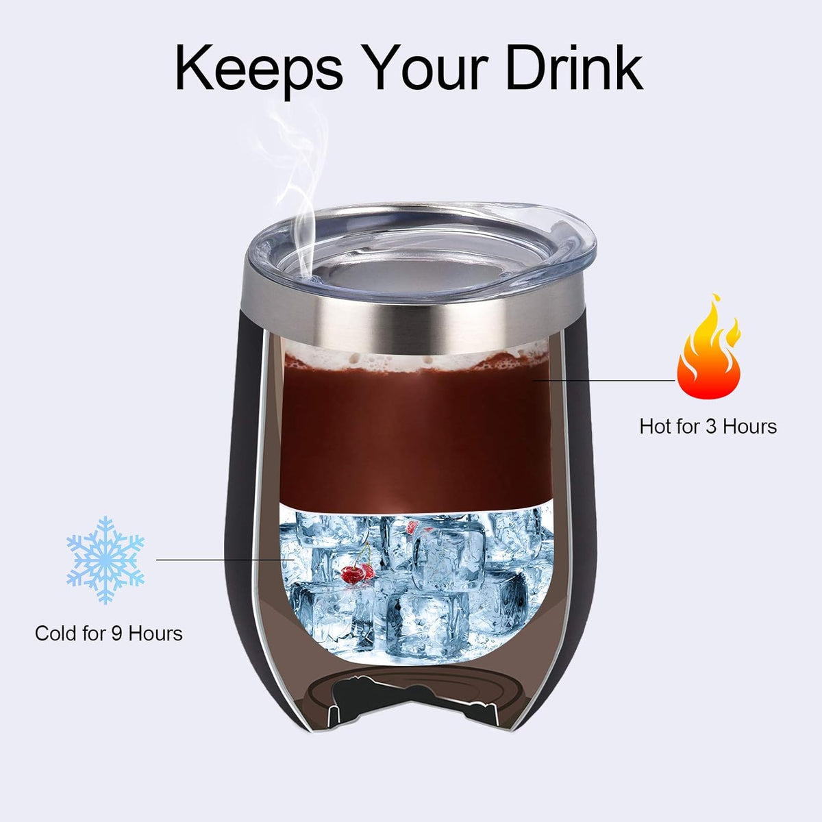 Set of 8 Insulated 12Oz Stainless Steel Wine Tumblers with Lids - Double Wall Stemless Wine Glasses for Coffee, Wine, Cocktails, and Champagne - Black