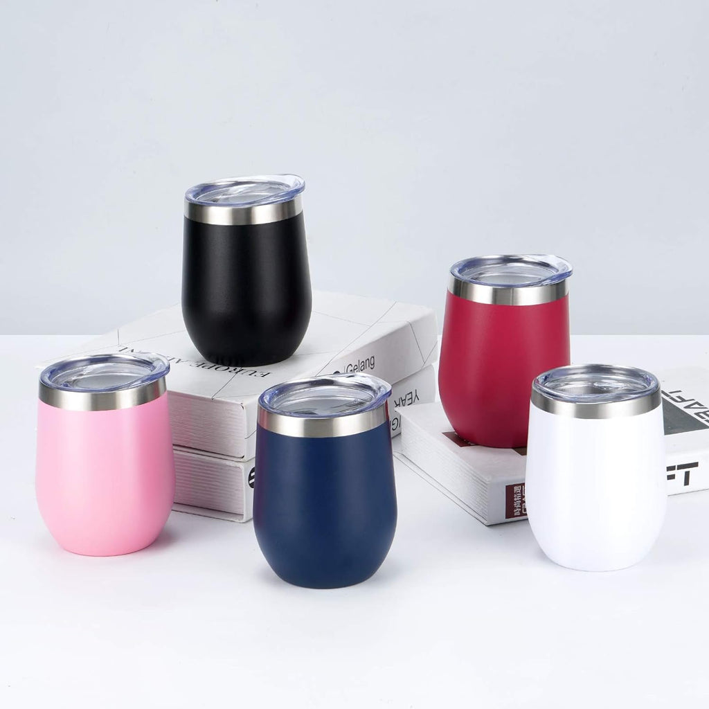 Set of 8 Insulated 12Oz Stainless Steel Wine Tumblers with Lids - Double Wall Stemless Wine Glasses for Coffee, Wine, Cocktails, and Champagne - Black