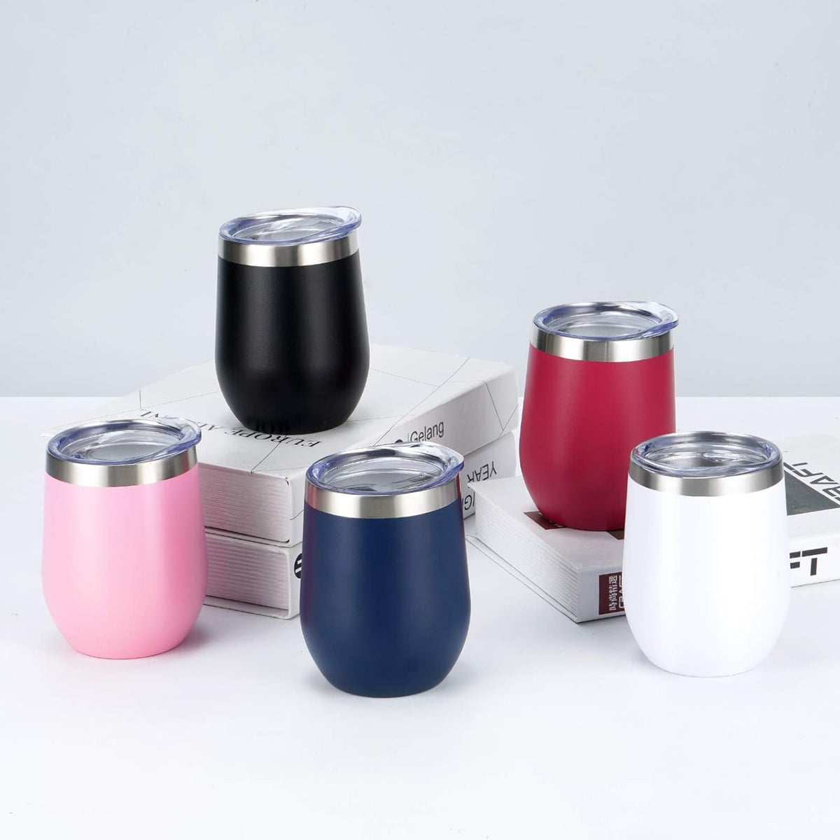 Set of 8 Insulated 12Oz Stainless Steel Wine Tumblers with Lids - Double Wall Stemless Wine Glasses for Coffee, Wine, Cocktails, and Champagne - Black