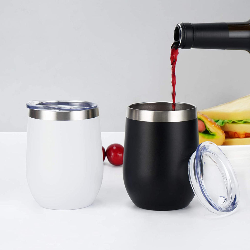 Set of 8 Insulated 12Oz Stainless Steel Wine Tumblers with Lids - Double Wall Stemless Wine Glasses for Coffee, Wine, Cocktails, and Champagne - Black