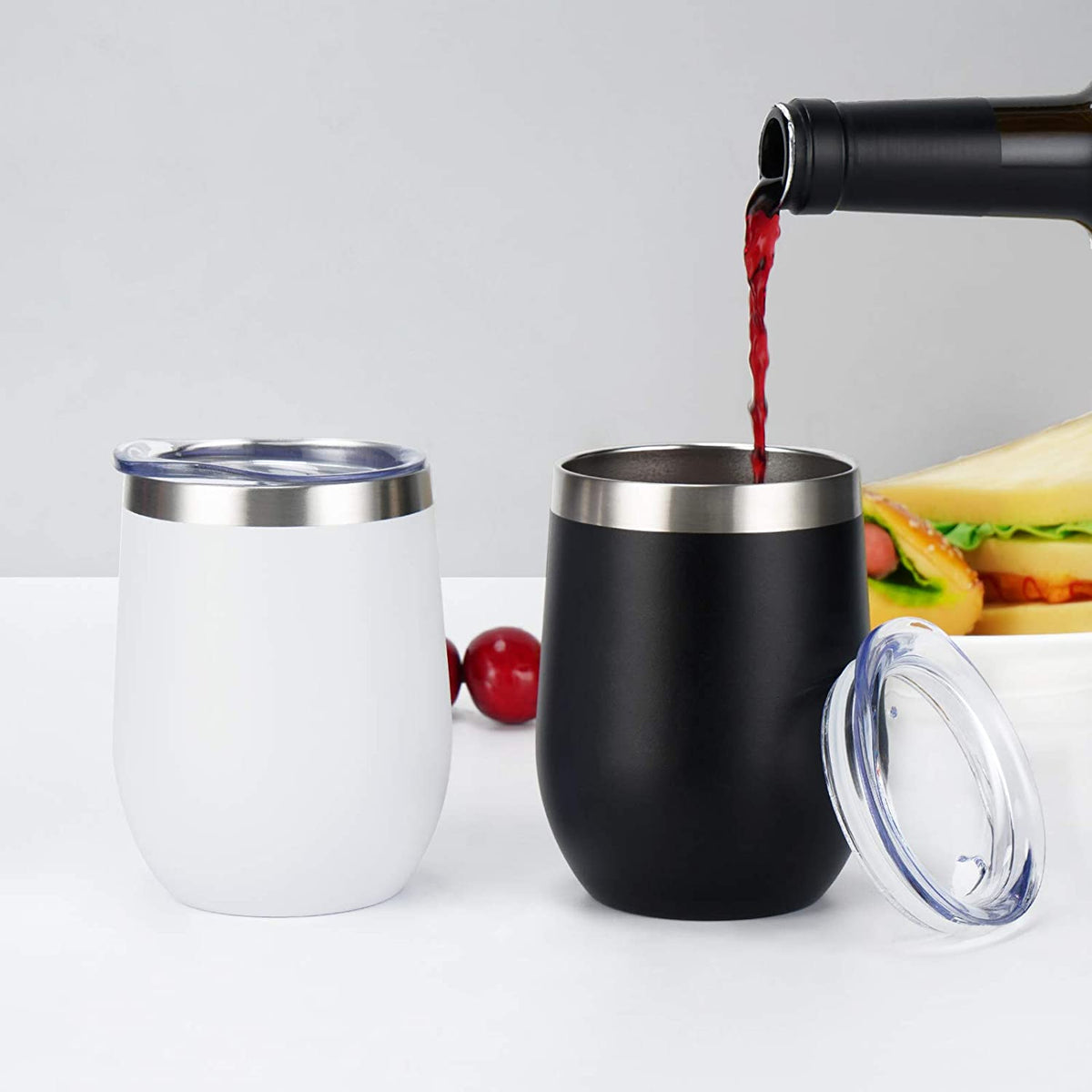 Set of 8 Insulated 12Oz Stainless Steel Wine Tumblers with Lids - Double Wall Stemless Wine Glasses for Coffee, Wine, Cocktails, and Champagne - Black