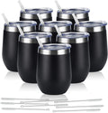 Set of 8 Insulated 12Oz Stainless Steel Wine Tumblers with Lids - Double Wall Stemless Wine Glasses for Coffee, Wine, Cocktails, and Champagne - Black