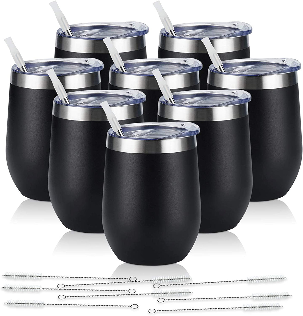 Set of 8 Insulated 12Oz Stainless Steel Wine Tumblers with Lids - Double Wall Stemless Wine Glasses for Coffee, Wine, Cocktails, and Champagne - Black