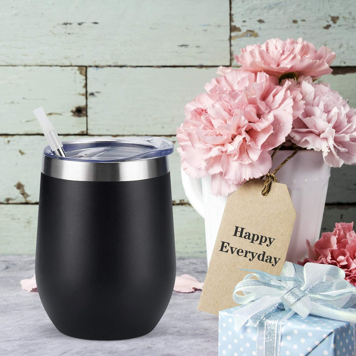 Set of 8 Insulated 12Oz Stainless Steel Wine Tumblers with Lids - Double Wall Stemless Wine Glasses for Coffee, Wine, Cocktails, and Champagne - Black