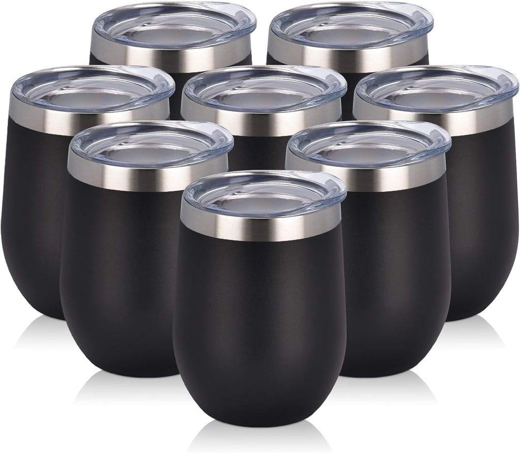 Set of 8 Insulated 12Oz Stainless Steel Wine Tumblers with Lids - Double Wall Stemless Wine Glasses for Coffee, Wine, Cocktails, and Champagne - Black