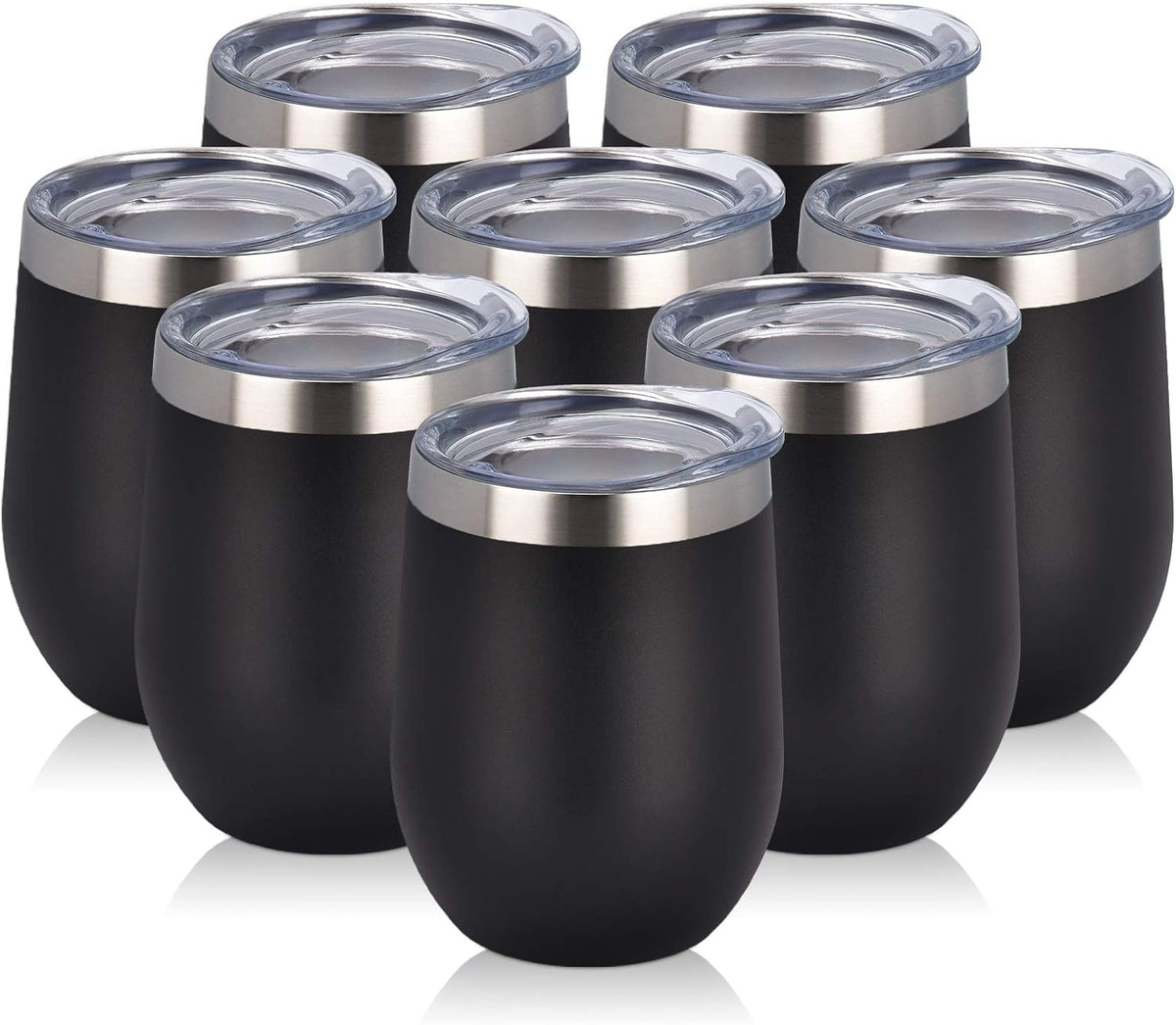 Set of 8 Insulated 12Oz Stainless Steel Wine Tumblers with Lids - Double Wall Stemless Wine Glasses for Coffee, Wine, Cocktails, and Champagne - Black